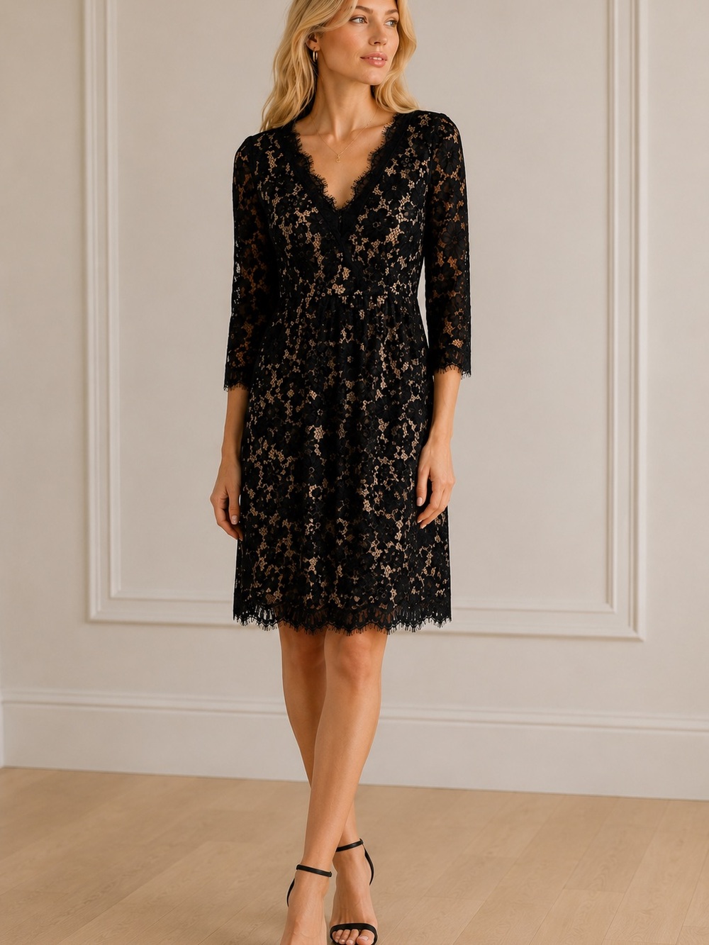 Tadashi collection/black lace dress with beautiful edging on sleeves and bodice.